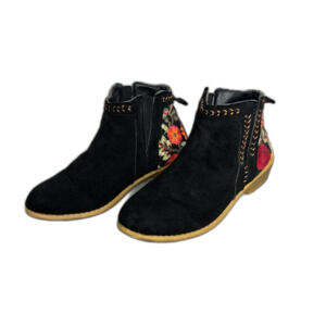 Black Suede Floral Embroidered Ankle Pull On Boots Women's 9